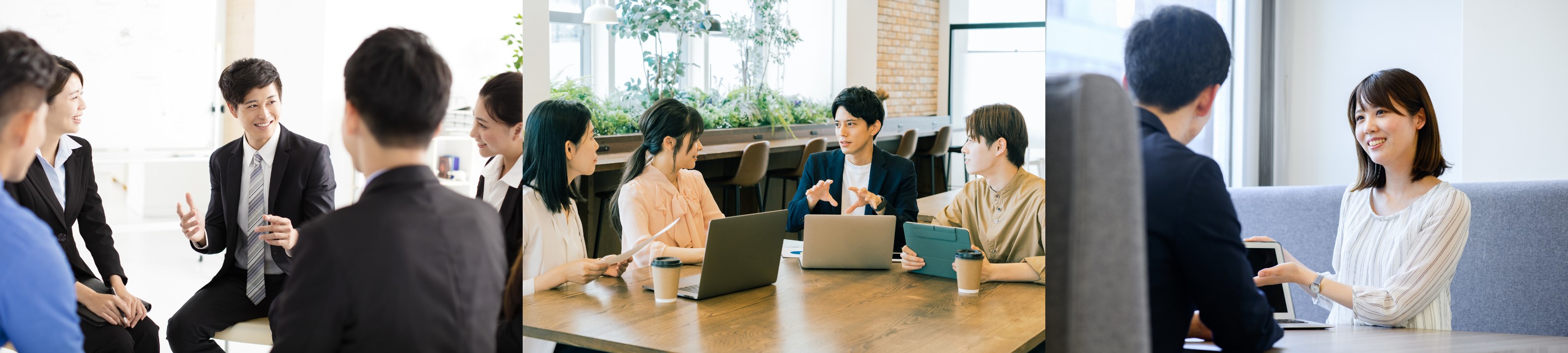 オフィスで話し合う多様なプロフェッショナルの様子